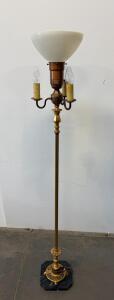 Vintage Brass & Marble Torchiere Floor Lamp, 66 In, 3-Candelabra Arms, Milk Glass Shade