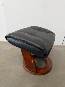 Black Leather Ottoman With Circular Wooden Base, Modern Style, Approx. 20"x17"x16", Visible Wear