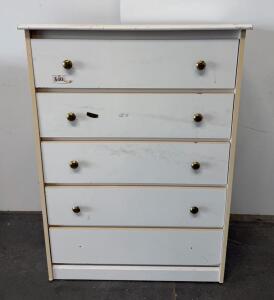 White 5-Drawer Dresser, 32"x16"x41", Laminate Finish, Brass Knobs, Visible Wear