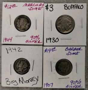 Mercury, Barber, Buffalo Coins: 1944 Dime 90% Silver, 1907 Barber Dime, 1930 Buffalo Nickel