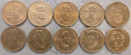 Presidential $1 Coins&ndash; 10 US Mint Coins: Kennedy, Eisenhower, Jefferson, Adams, Grant, And More