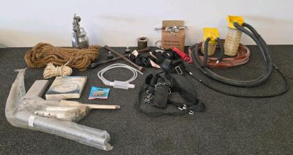 Industrial Shop Lot: Hoses, Montgomery Ward Spray Gun, Harnesses, Rope, Filter, Hardware, & Connectors