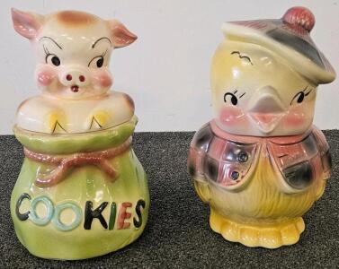 Vintage Figural Cookie Jars &ndash; Smiling Pig in "Cookies" Sack & Duck in Plaid Jacket, 1940s&ndash;60s (H)
