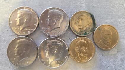7 U.S. Coins: 4x 1972, 1x 2024 Kennedy Half Dollar, 3x Presidential $1 (Washington, Polk, Garfield)