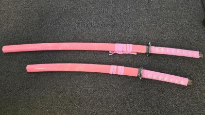 Pink Katana & Wakizashi Sword Set, Decorative Engraved Saya, Matching Handle, Display-Ready