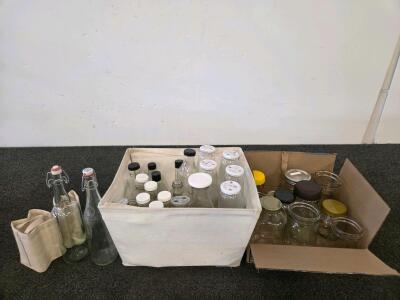 20+ Assorted Glass Bottles And Jars, Swing-Top & Screw Lids, Storage Bin Included