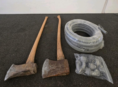 2 Vintage Felling Axes, 25Ft 1/2" Flexible Electrical Conduit, 12 PVC 90&deg; Elbow Fittings