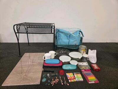 Metal Outside Table, Lunch box, 2 12" x 12" Polished Marble Tiles, Light Pink Beige With Natural Veining, And More