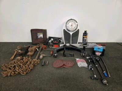 Vintage Sears Craftsman Belt Sander (Tested), Bar Clamp, Trailer Hitches, Tow Chain, Vintage Hand Drill, & Tool Pouch