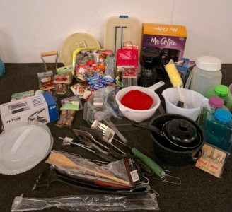 Large Assorted Kitchen Tools & Cookware &ndash; Grilling Utensils, Pots, Mixing Bowls, Measuring Cups, Glass Casserole Dish, Food Storage, And More