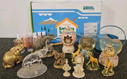 Home Decor Figurines, Anchor Hocking Glasses, Snow Globes, And Idaho Power Energy Kit