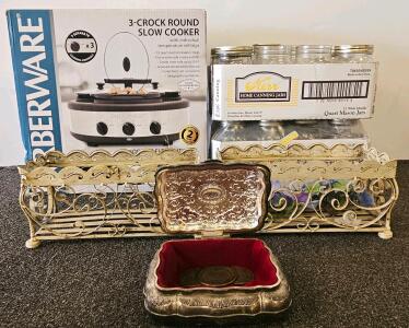 Farberware FSC300 3-Crock Slow Cooker (Appears New), Kerr Mason Jars, Vintage Baskets & Trinket Box