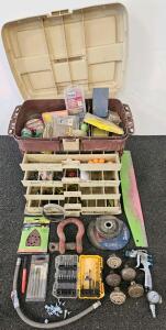 Fishing Tackle Box With Trays, Assorted Tackle, Tools, Ryobi Paint Sprayer, Drill Bit Sets