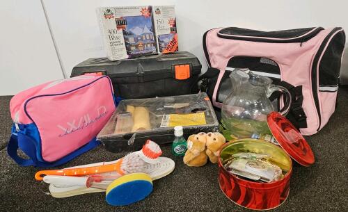 Large Soft Pet Carrier, Tool Box, Yule Rite Xmas Lights, Glass Pitcher, Bags, And More