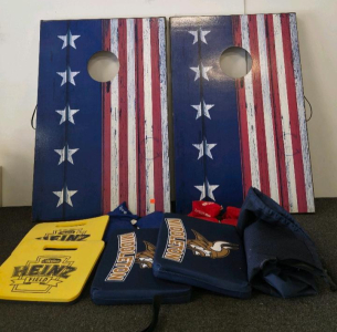American Flag Cornhole Game Set With 2 Boards, 8 Bags, Carry Bags, Heinz & Middleton Seat Cushions