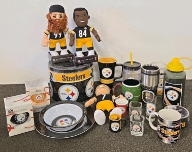 Pittsburgh Steelers Items - 20+ Licensed Mugs, Tumblers, Plush Dolls, Ornaments, Duck Tape