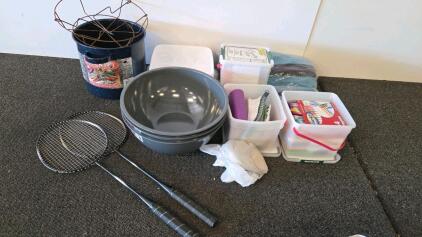Granite Ware 15.5 Qt Canning Pot, Plastic Storage Bins, Mixing Bowls, Badminton Rackets