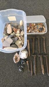 Railroad Spikes, Chert & Obsidian Rock Collection, Quartz Geode Halves