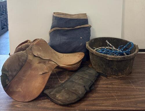 All-Purpose English Saddle, Horse Blanket, Leg Boot, Bucket & Lead Ropes Tack Set, Brown Leather