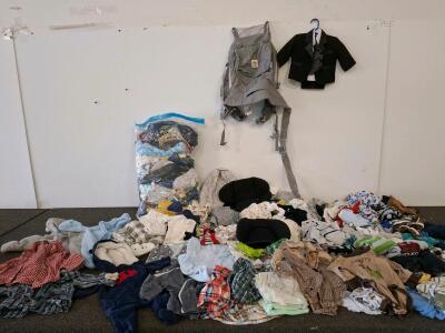 Bulk Lot Boys&rsquo; Baby Clothes 0-12M, 50+ Pieces Mixed Season w/ Tuxedo Suit, Baby Carrier, Accessories