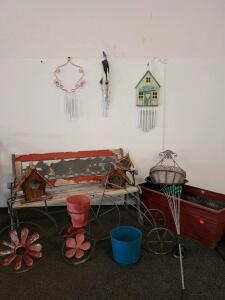 Outdoor Garden Decor: Wind Chimes, Birdhouses, Planters, Bench, Bicycle Plant Stand