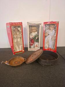 Patriotic USA 12" Cast Iron Skillet & 14" Footed Dutch Oven With Lid, Vintage Campfire Set, Vintage Porcelain Dolls