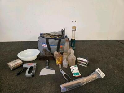 Costco Bag Full Of Fishing Accessories, Hand Tools, Pyrex Glass Bowl, And Vintage Glass Bottles