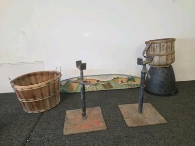 Pair Of Heavy Duty Vintage Adjustable Steel Screw Jack Posts, Two Woven Baskets, One Planter, And More