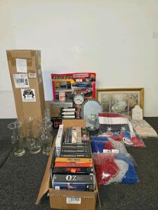 Mixed Household Lot: Two pool filters, Glass Vases, HBO DVD Box Sets, American Flag, Party Supplies, Home Decor and More
