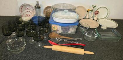 Assorted Kitchenware and Glassware Black Glass wine cups, Assorted Pyrex, Glass Casserole Dishes