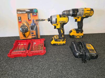 DeWalt 20V MAX XR Drill & Impact Driver Kit, DCD985, DCF887, Batteries, Charger, Milwaukee Bits<br/>(plugged in and functioning)