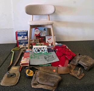 Mixed Lot: Two Chairs, (one not put together so not featured in photos) Construction Tools, Tool Belts, Fulton Sawhorse Brackets, Christmas Decor