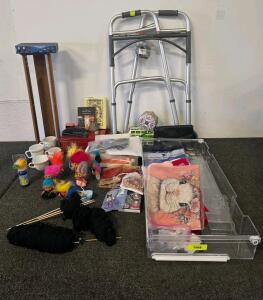 Mixed Lot: Vintage Troll Dolls, CorningWare Mugs, Walker, Manual Books, Yarn, Storage Bin