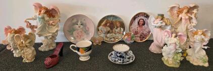 Decorative Collectibles Lot: 7 Angel Figurines, 3 Art Plates, 2 Teacups, Brooch & Shoe (5000 Shelf F)