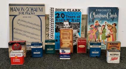 Vintage Piano & Songbooks + Mid-Century Spice Tins Lot: Hanon-Schaum, Dick Clark, Crescent, McCormick
