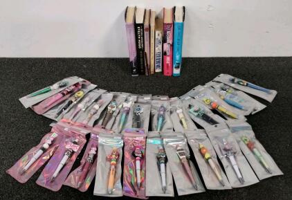 25 Assorted Decorative Novelty Ballpoint Pens Individually Packaged, Mixed Themes, New Condition