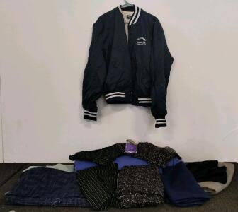 Mixed Apparel Fabric Lot (~10 Pieces), Holloway Varsity Jacket, Offray Ribbon &ndash; Patterns & Solids