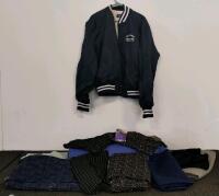 Mixed Apparel Fabric Lot (~10 Pieces), Holloway Varsity Jacket, Offray Ribbon &ndash; Patterns & Solids
