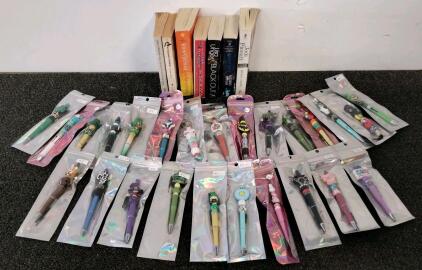 Lot of 7 Paperback Books (Grisham, Picoult, London) & 25 Novelty Ballpoint Pens Assorted Themes