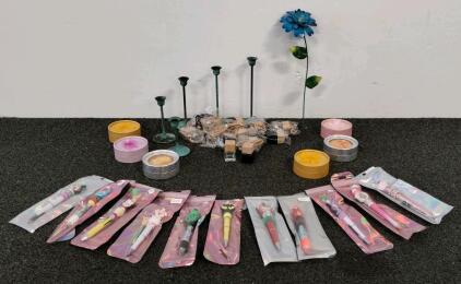 Novelty Character Pen Lot, Metal Candle Holders, Perfume Vials, Gift Boxes, Metal Flower