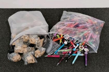 Bulk Lot of 100+ Novelty Ballpoint & Stylus Pens with Refills and 24+ Wooden Car Diffuser Bottles