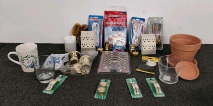 Mixed Lot: Leviton Lamp Cords, Drawer Pulls, Brass Hardware, Glassware, Clay Pots, Glue Boards