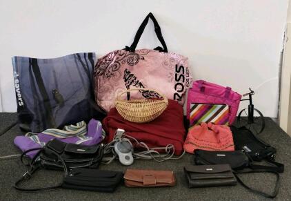 Large Assorted Lot: 11 Handbags/Purses, Totes, Sunbeam Heated Blanket, Basket, Decor Tricycle