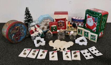 Holiday Collectibles Lot: Hallmark Ornaments, Beatrix Potter Tea Set, Christmas Tins, Buttons