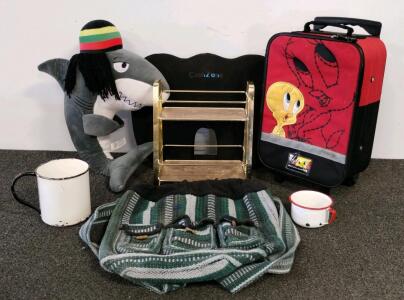 Assorted Lot: CushZone Seat Cushion, Tweety Bird Kids Suitcase, Plush Shark, Mugs, Shelf, Bag