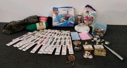 Bulk Lot: 26 Assorted Zippers, Red Heart Yarn, Faux Fur, Buttons, Summer Waves Pool Float