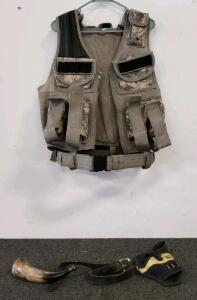Digital Camouflage Tactical Vest with Pouches, DeWalt Holster Belt, and Powder Horn