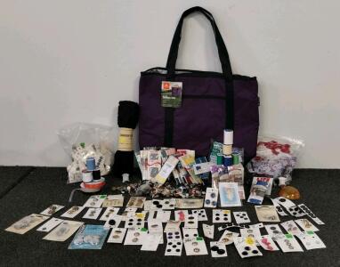 Large Lot of Vintage & Modern Sewing Notions: Buttons, Threads, Trims, Ribbons, Ozark Trail Tote