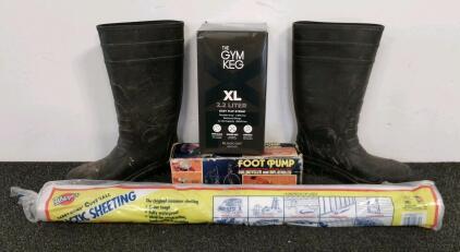 Utility Lot: The Gym Keg XL 2.2L Water Bottle New, Tingley Boots US 9, Foot Pump, Warp&rsquo;s 10x25 ft Sheeting