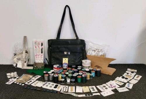 Mixed Sewing Supplies Lot with 40+ Thread Spools, Buttons, Ribbons, and Accessories